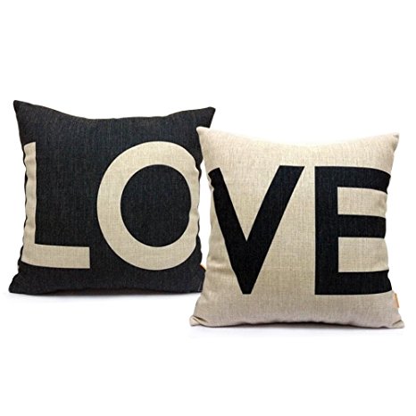 Ojia 20 X 20" Cotton Linen Decorative Couple Throw Pillow Cover Cushion Case Couple Pillow Case with Gift Card, Set of 2 - Love