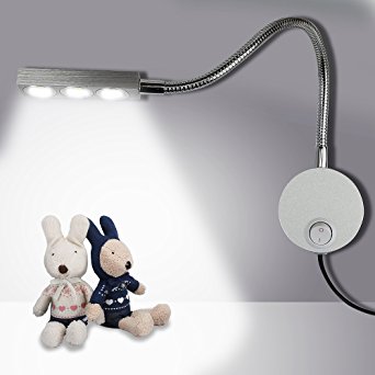 Plug Wired Flexible 3X 1W 85-265V Aluminum Gooseneck Led Wall Light Sconce Lamp Lighting with Switch for Bedroom Reading & Multi-purpose lighting (Cool White Lighting)