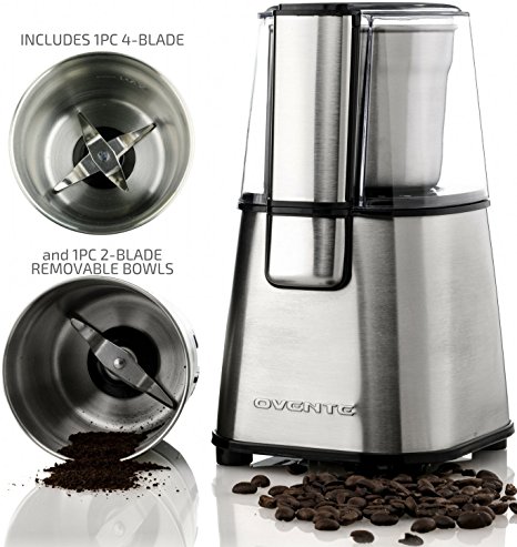 Ovente Multi-Purpose Stainless Steel Electric Grinder Set for Coffee Beans, Spices, Seeds, Nuts, Grains, etc. - Includes 2 Removable Grinding Bowls, 2-Blade and 4-Blade (CG620S   ACPCG6000)