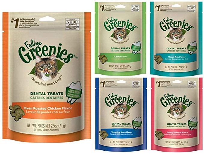 Greenies Feline Grenies Dental Cat Treat Variety Bundle. Five Flavors, 2.5oz Each Bag