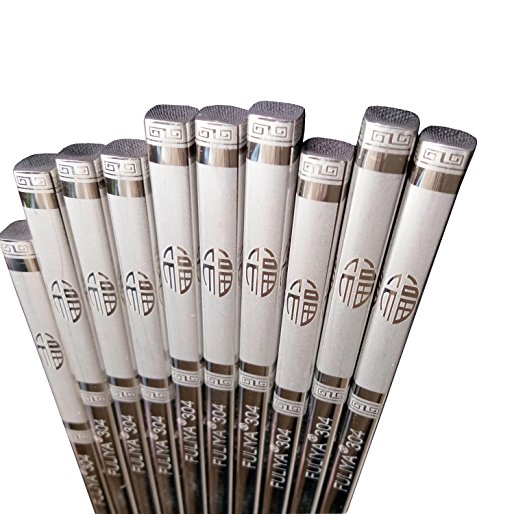 Bellcon Resuable Stainless Steel Chopstick Square Chopsticks Engraved Chinese Blessing FU, 5 Pairs