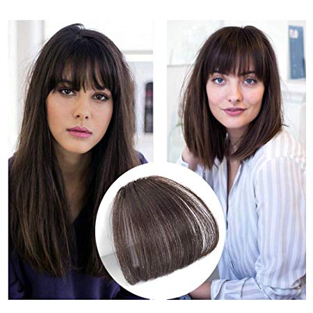 Reysaina Air Hair bangs Clip on Real Hair 100% Human Hair #4 Dark Brown Air Front Fringe Clip in Hair Extensions One Piece Striaght Fringe Hairpiece Accessories