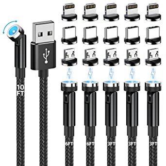 Magnetic Charging Cable, 540° Rotating Magnetic Phone Charger [6-Pack, 3ft/3ft/3ft/6ft/6ft/10ft] 3 in 1 Magnetic Charger Cable Nylon Braided Magnetic USB Cable for iPhone/Micro USB/Type C Device