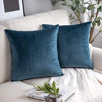 Phantoscope Pack of 2 Velvet Decorative Throw Pillow Covers Soft Solid Square Cushion Case for Couch Dark Blue 18 x 18 inches 45 x 45 cm
