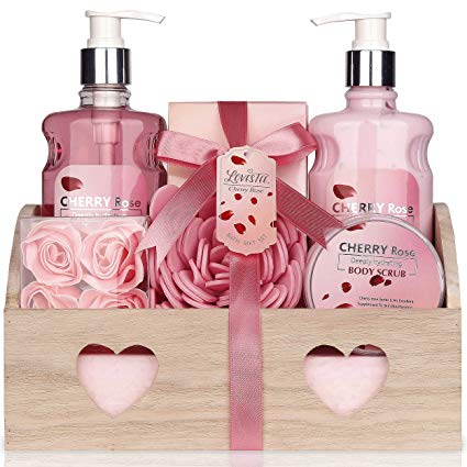Relaxing Bath Spa Kit For Women, Men and Teens, Gift Set Bath And Body Works - Cherry Rose Aromatherapy Spa Gift Basket Includes Shower Gel, Body Lotion, Bath Salt, Body Scrub Eva Sponge, and Soap