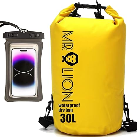 MR LION Waterproof Dry Bag - Roll Top Waterproof Backpack Sack Keeps Gear Dry for Kayaking, Beach, Rafting, Boating, Hiking, Camping and Fishing with Waterproof Phone Case (Yellow 30L)