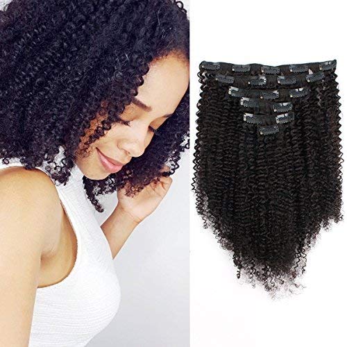 AmazingBeauty 8A Grade 3C 4A Double Wefted Thick Big Afro Kinkys Curly Hair Extensions Clip in for African American Black Women, Natural Black, 120 Gram, 12 Inch