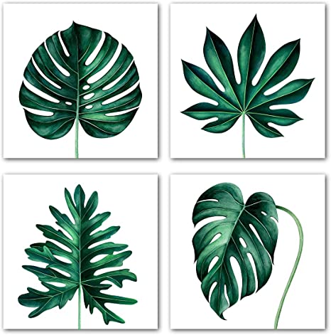 Tropical Plants Wall Art Simple Life Botanical Canvas Giclee Prints 4 Pieces Green Palm Leaf Monstera Pictures Botanical Paintings for Living Room Kitchen Minimalist Decor 12 x 12 Inches