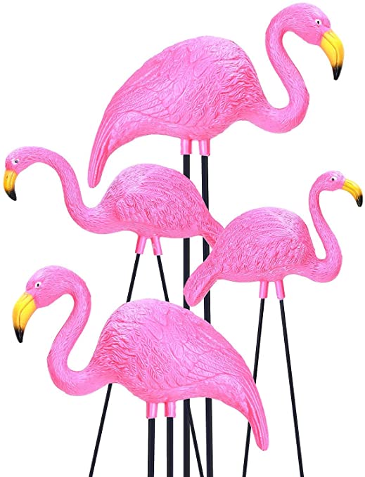 Tiny Family Flamingo Yard Ornaments, Ohuhu Set of 4 Bright Pink Flamingos Family with Removable Feet Stakes for Garden, Yard, Patio Decoration, Great Party Decor Outdoor Gift Present Idea