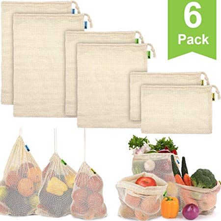 Reusable Produce Bags, Organic Cotton Mesh Bags Reusable Grocery Bag with Drawstring for Shopping & Storage, Washable, Biodegradable, Eco-friendly, Durable with Tare Weight on Color Label(6 Pack)