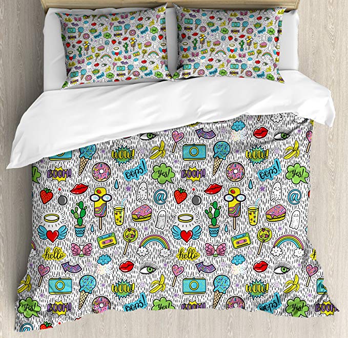 Ambesonne Emoji King Size Duvet Cover Set, Pop Art Hand Drawn Cartoon Style Eye Ice Cream Rainbow Donut Lip Heart Banana Ghost, Decorative 3 Piece Bedding Set with 2 Pillow Shams, Multicolor