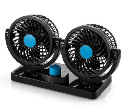 AboveTEK® Dual Head Car Auto Cooling Air Fan - Quickly Blow Away Hot Air Smoke Smell Bad Odors - Defrost Windshield Cool Down Summer Vehicles in Minute - Powerful Quiet 2 Speed Rotatable 12V Ventilation Dashboard Electric Fans with Kids Safe Design