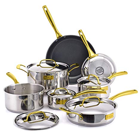 Fleischer & Wolf Nonstick Cookware Set 12pcs Stainless Steel Aluminum Fry Pan Dishwasher Safe (Stainless Steel)