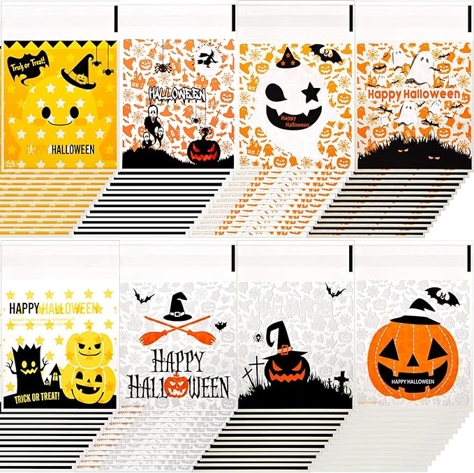 Outus 200 Pieces Halloween Treat Bags Halloween Self-adhesive Cookie Bags Halloween Biscuit Roasting Present Bags DIY Plastic Bag for Halloween Party Decoration, 8 Styles