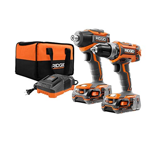 Ridgid R9603 18V Lithium Ion Cordless Brushless Drill Driver and Impact Driver Combo Kit (2 x 1.5 Amp Hour Batteries, 18V Battery Charger, and Case Included)