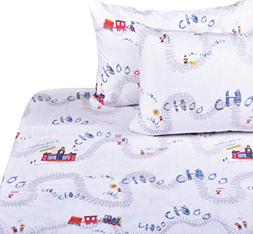 J-pinno Cute Train Travel Choo Full Sheet Set for Kids Boys,100% Cotton, Flat Sheet + Fitted Sheet + Two Pillowcase Bedding Set (Train)
