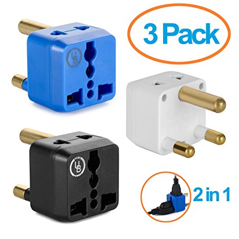 South Africa Adapter by Yubi Power 2 in 1 Universal Travel Adapter with 2 Universal Outlets - 3 Pack - Black White Blue - Type M for South Africa, Lesotho, Mozambique, Namibia, Nepal and more!