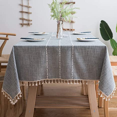 Aitsite Tablecloth Stitching Tassel Cotton Linen Tablecloth Wrinkle Free Dust-Proof Table Cover for Kitchen Dining Room Home Tabletop Decoration(Rectangle,55’x 86’inch)