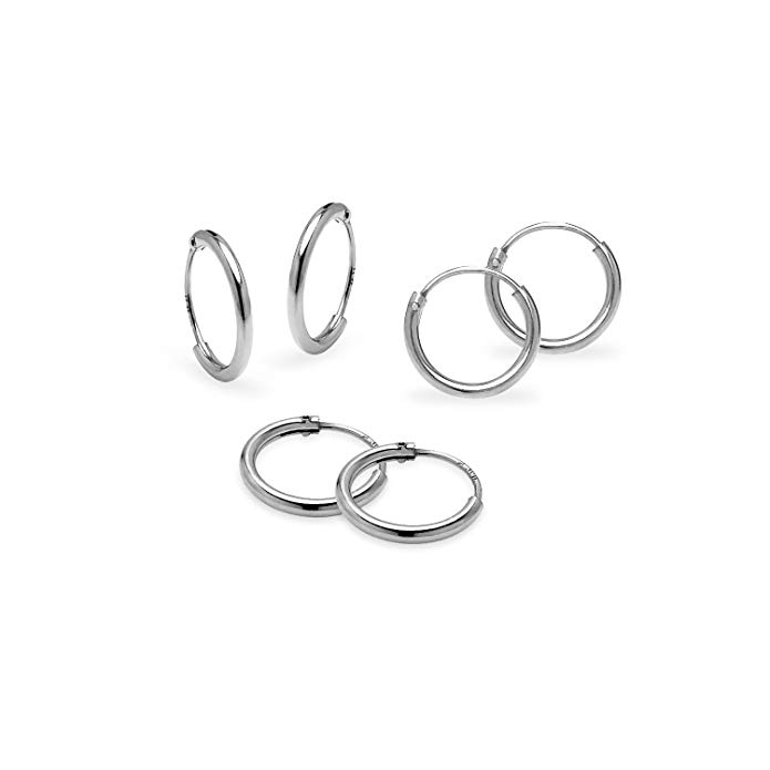 Sterling Silver Three Pair Set 1.2mm x 10mm Thin Round Women Endless Hoop Earrings Avialable Colors