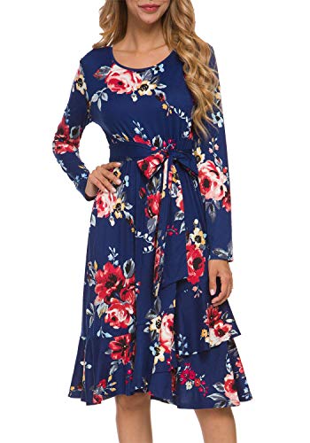 levaca Women's Plain Long Sleeve Flowy Modest Midi Work Casual Dress with Belt