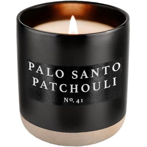 Sweet Water Decor Palo Santo Patchouli Soy Candle | Black Pepper, Clove Leaf, Nutmeg, and Lavender Scented Soy Candles for Home | 12oz Black Stoneware Jar, 60  Hour Burn Time, Made in the USA