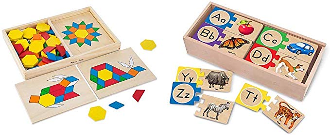 Melissa & Doug Pattern Blocks and Boards Classic Toy (Best for 3, 4, 5, and 6 Year Olds) & Self-Correcting Alphabet Letter Puzzles (Best for 4, 5, and 6 Year Olds)