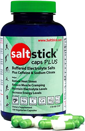 SaltStick Caps Plus Electrolyte Replacement Capsules with Caffeine and Sodium Citrate 100 Count Bottle, White
