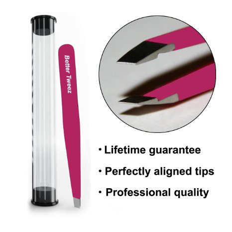 Better Tweez-Eyebrow Tweezers-For Men & Women-Stainless Steel-Slant Tip-Sharp-Hand Filed-Professional Quality-Hot Pink-Lifetime Guarantee