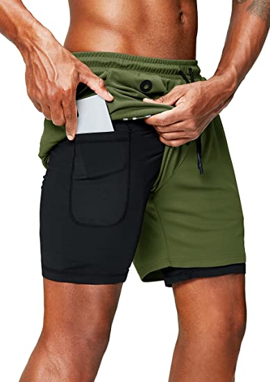 Pinkbomb Men’s 2 in 1 Running Shorts with Phone Pocket 5 Inch Quick Dry Gym Workout Shorts for Men