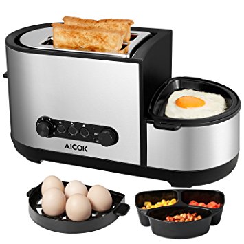 Aicok Toaster and Egg Maker, 5-in-1 Toaster, 2-Slice Toaster with Extra-Wide Slots, Defrost/Reheat/Cancel Function, Fry Eggs, Boil Eggs and Steam Eggs, Removable Crumb Tray, Stainless Steel, 1250W