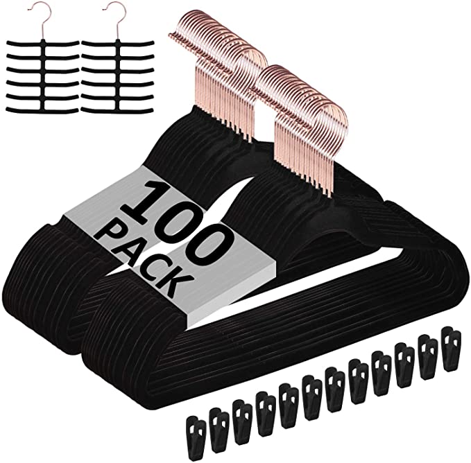 VECELO Premium Velvet Clothes Hangers Suit Heavy Duty (100 Pack)-Non Slip & Space-Saving with 12 Finger Clips & 2Tie Rack Excellent for Men and Women,Black