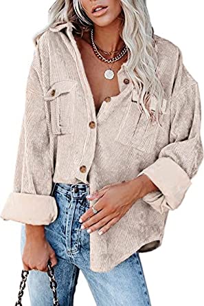 Beyove Women's Corduroy Shirt Long Sleeve Button Down Shacket Jacket Casual Oversized top with Pockets