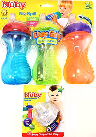 Nuby No Spill Easy Grip 10 Oz Sippy Cups 3 Pack Plus 2 Pack Replacement Silicone Spouts