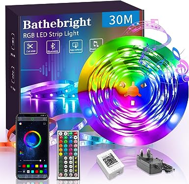 BATHEBRIGHT Led Strip Light 30M,Music Sync RGB Bluetooth Color Changing Flexible LED Light Strips,with Smart App Control Remote, Led Lights for Bedroom Room Lighting Flexible Home Decoration