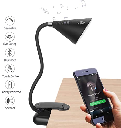 Clip On Reading Lamp - Rechargeable Clamp Desk Lamp with Bluetooth Speaker - Adjustable, Foldable Book Light - Eye Protection Mini Night Light for Bookworms, Kids, Bed Reading, Headboard, Computer