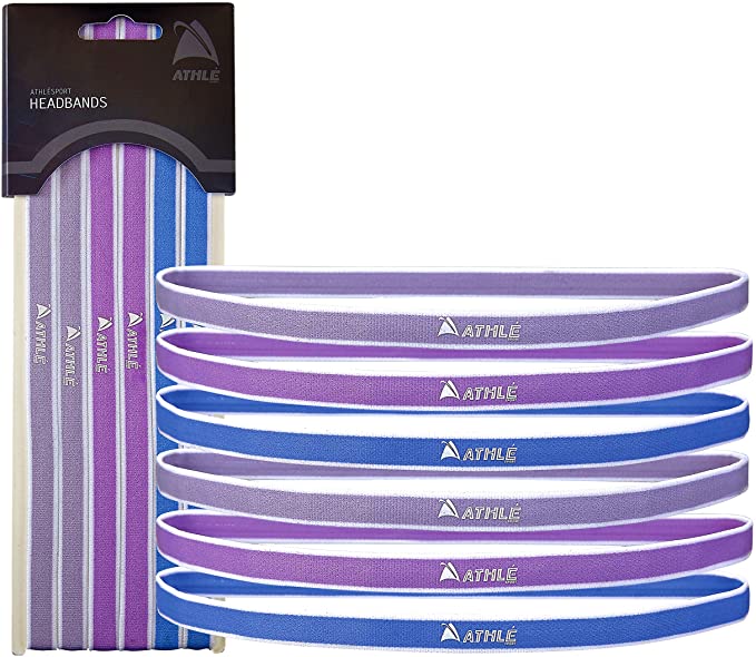 Athlé Skinny Sports Headbands 6 Pack - Men’s and Women’s Elastic Hair Bands with Non Slip Silicone Grip - Lightweight and Comfortable Sweatbands Keep You Cool and Dry