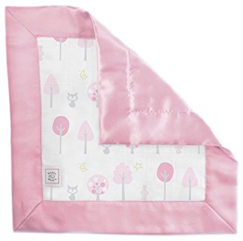 SwaddleDesigns Cotton Muslin Baby Lovie, Small Security Blanket, Pink Thicket with Satin Trim
