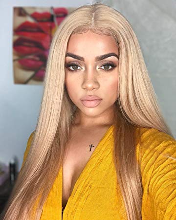 FUHSI Kanekalon Fiber Synthetic Full Lace wig Lage Cap(Max23.5" Circumference)–Soft&Smooth, Straight&No Shedding, Comfortable&Adjustable–103# Color Ombre Blonde 250D 22"