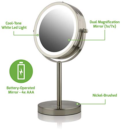 Ovente Lighted Tabletop Makeup Mirror, 6 Inch, Dual-Sided 1x/7x Magnification, Cordless, Operated, Cool-Tone LED Lights, Nickel Brushed (MLT60BR1X7X)