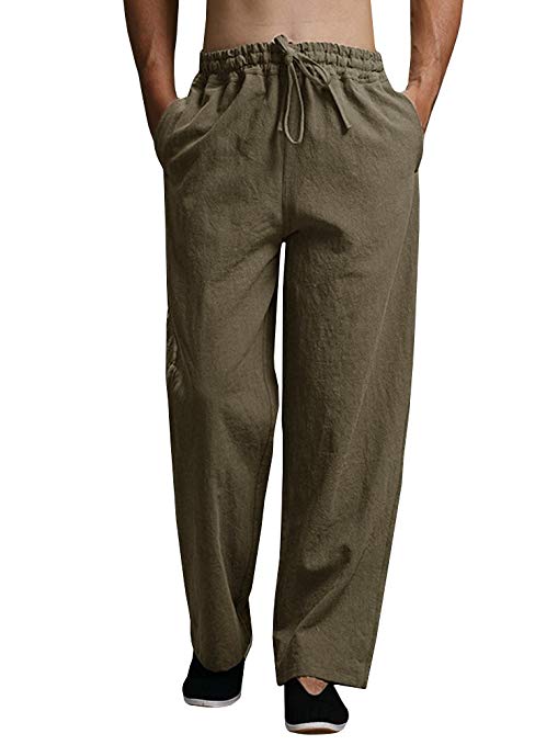 Karlywindow Mens Cotton Linen Casual Pants Elastic Waist Loose Fit Trousers Cargo Beach Pant