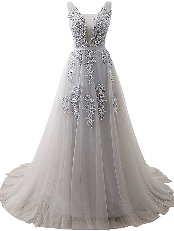 Huifany Women's V Neck Lace A-line Empire Long Formal Evening Dress Prom Gown