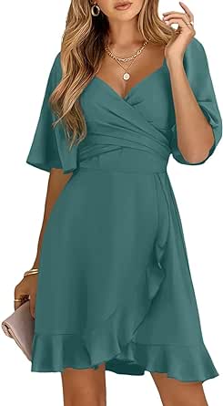 Dokotoo Women's Wrap V Neck Short Flared Sleeve Wedding Guest Dress Smocked Elastic Waist Tiered Belted Ruffle Hem Mini Dress