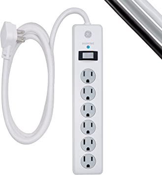 GE 6-Outlet Surge Protector, 6 Ft Extension Cord, Power Strip, 800 Joules, Flat Plug, Twist-to-Close Safety Covers, Protected Indicator Light, UL Listed, White, 67051