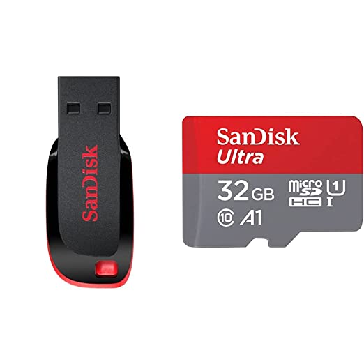 SanDisk SDCZ50-128G-I35 USB2.0 128 GB Pen Drive (Red and Black) & Ultra microSD UHS-I Card 32GB, 120MB/s R