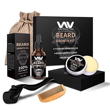 Beard Growth Kit, Derma Roller with Beard Growth Oil Serum for Men, Facial Hair Growth Kit with Beard Balm   Comb, Titanium Microneedle Beard Roller Kit, Best Gift for Men