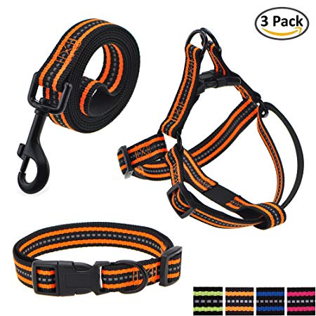 Mile High Life Night Reflective Double Band Nylon Small Animal Pet Dog (4 Colors) Adjustable Collar, Leash, Harness Combo Set