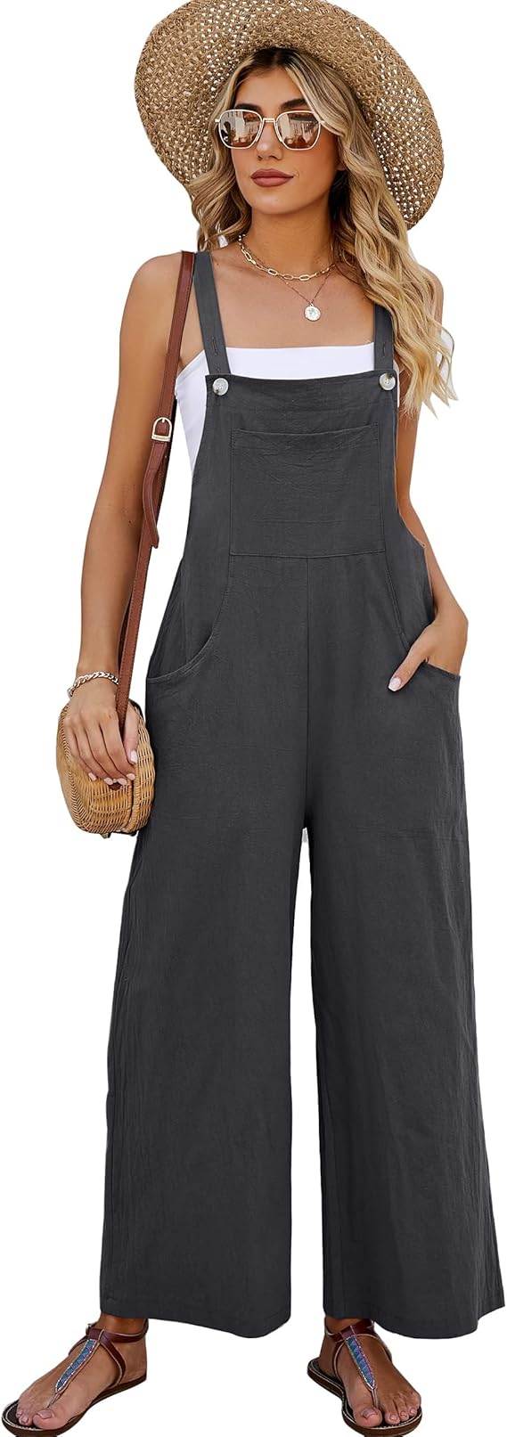 COZYPOIN Women's Cotton Bib Overalls Wide Leg Loose Fit Jumpsuit Baggy Fashion Sleeveless Rompers