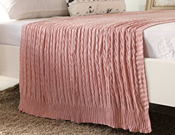 CottonTex Cotton Knitted Cable Throw Soft Warm Cover Blanket Cable Knitting Pattern, 4370 Inches, Pink