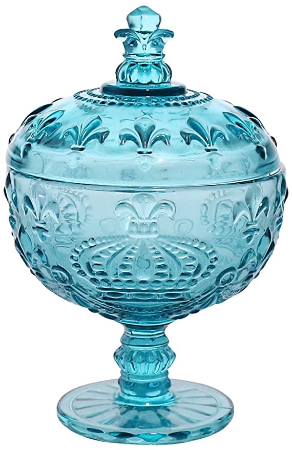 Royal Crown-Embossed 7" TALL  Dublin Crystal Decor Glass Apothecary Jarwith Lid Candy Dish Triffle Bowl - Teal