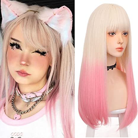 Doremi Long Pink Wig with Bangs Synthetic Straight Cosplay Wig for Girl Colorful Costume Wigs for Daily Party Use Wig